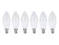 Six ampoules LED blanches en forme de bougie avec culot E14, alignées sur fond blanc.