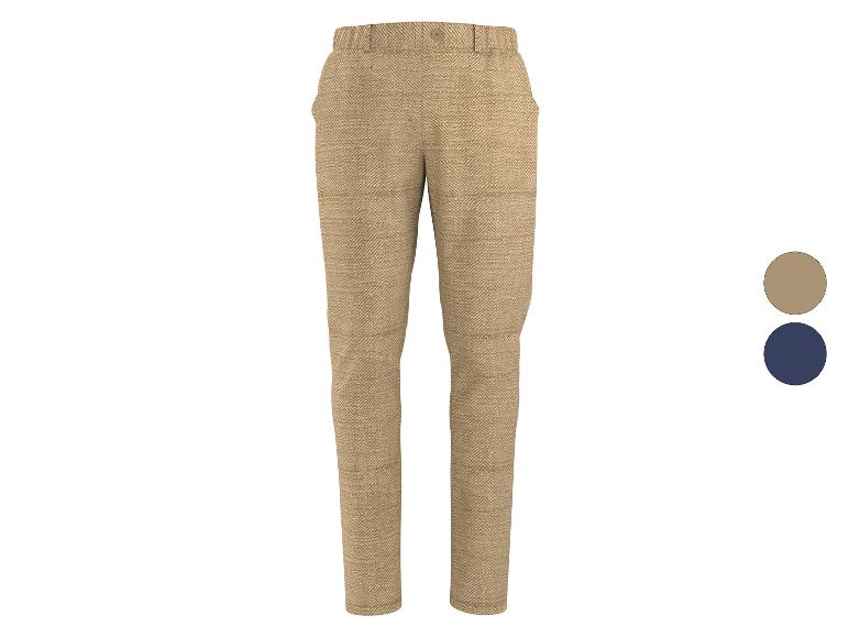 Pantalon en tweed marron clair avec un bouton, avec option de couleur bleu marine.