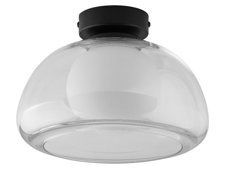 Plafonnier en verre avec dôme et base noire.