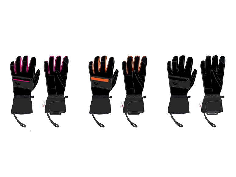 CRIVIT Premium-Skihandschuhe noirs avec des détails roses, oranges et gris.