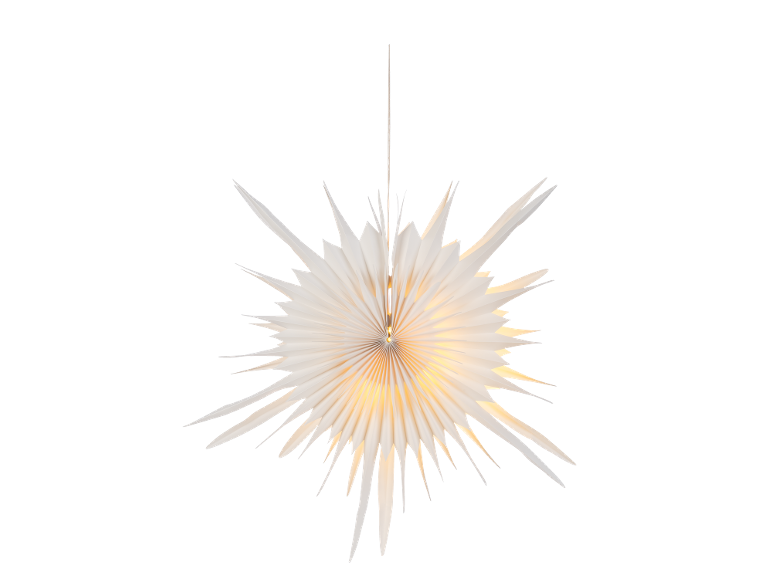 Étoile en papier blanc suspendue avec lumière chaude sur fond noir