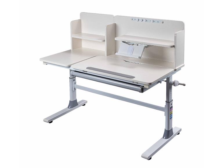 Bureau enfant réglable en hauteur avec étagères et support de livre.