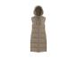 Gilet long matelassé beige pour femme avec capuche.