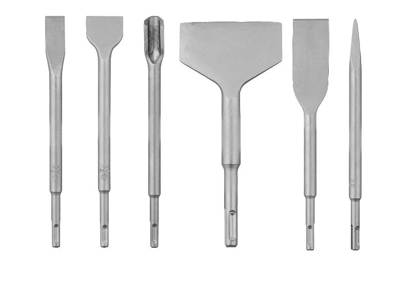 Un ensemble de six burins SDS pour marteaux de démolition, incluant des burins plats, pointus et larges.