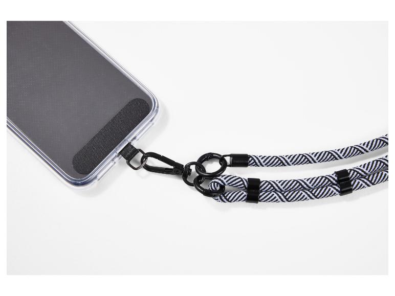 Coque de téléphone transparente avec cordon de cou noir et blanc