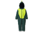 Combinaison de neige pour enfant vert foncé et jaune fluo avec capuche dinosaure.
