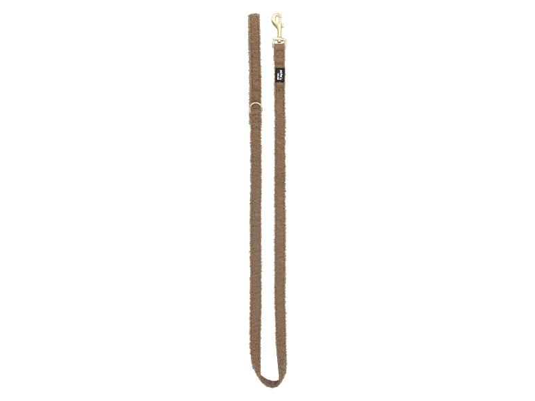 Laisse marron pour chien en matière texturée avec mousqueton métallique et anneau.