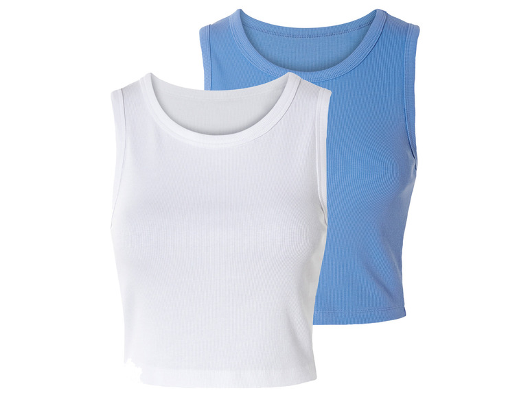 Deux débardeurs pour femmes, un blanc et un bleu.
