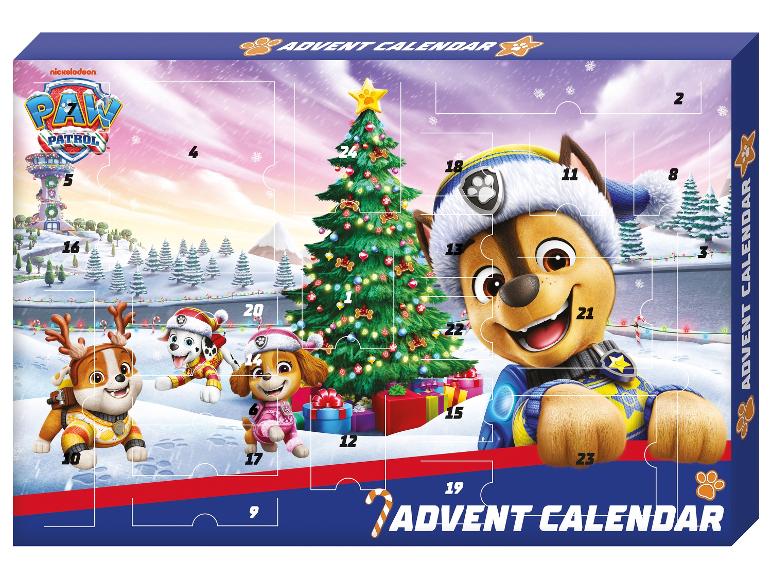 Calendrier de l'Avent Pat' Patrouille avec Chase, Marcus, Stella et Ruben dans un décor enneigé.
