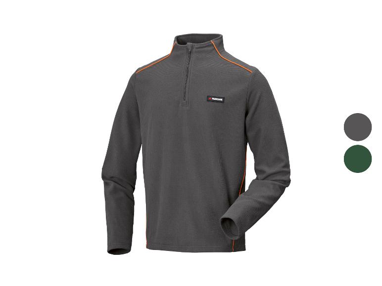 Veste polaire homme zippée avec détails orange, disponible en gris et vert foncé.