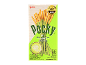 Boîte de bâtonnets de biscuits matcha au lait, étiquetée 'Pocky' et 'Source de fibres, croustillant et délicieux'.