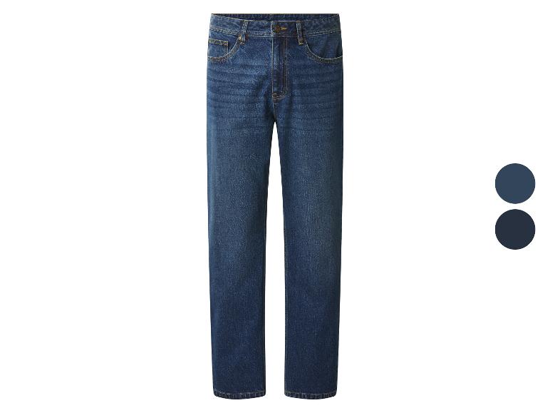 Jean droit pour homme en denim bleu foncé, avec deux options de couleur.