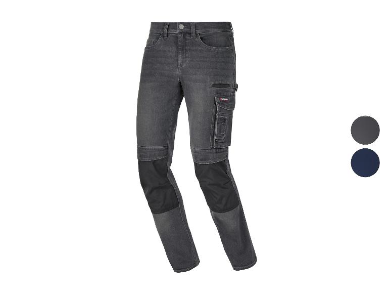 Pantalon de travail en jean gris avec genoux renforcés et poches latérales, présenté avec des échantillons de couleur.