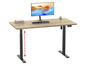 Un bureau réglable en hauteur avec un plateau en bois, un moniteur et un clavier.