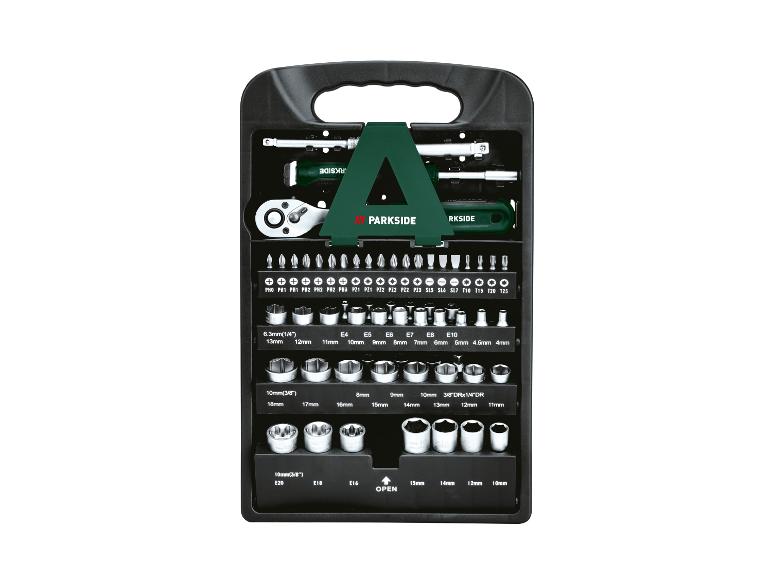 Coffret d'outils PARKSIDE avec cliquet, douilles et embouts dans une boîte noire.