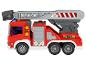 Un camion de pompiers rouge avec une échelle extensible.