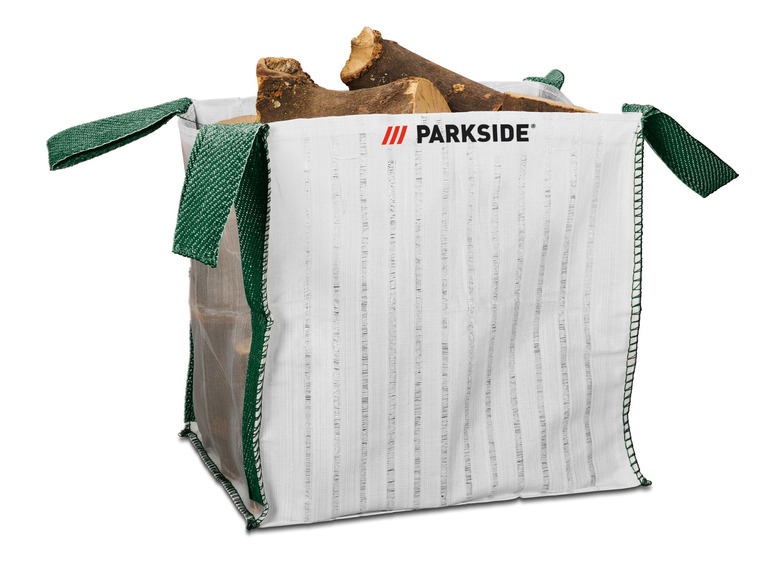 Un sac à bois blanc avec des poignées vertes de Parkside.