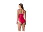 Femme en maillot de bain une pièce rouge, vue de dos, regardant par-dessus son épaule.