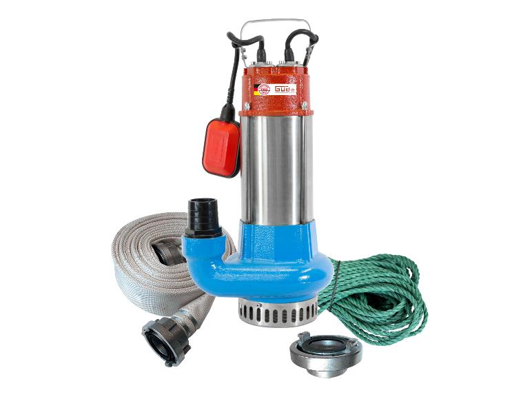 Pompe submersible Güde avec tuyau, corde et accessoires sur fond blanc.