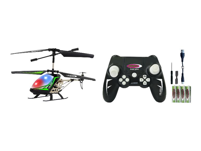 Un hélicoptère jouet noir Jamara avec télécommande.