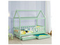 Un lit d'enfant en bois vert menthe en forme de maison avec deux tiroirs.