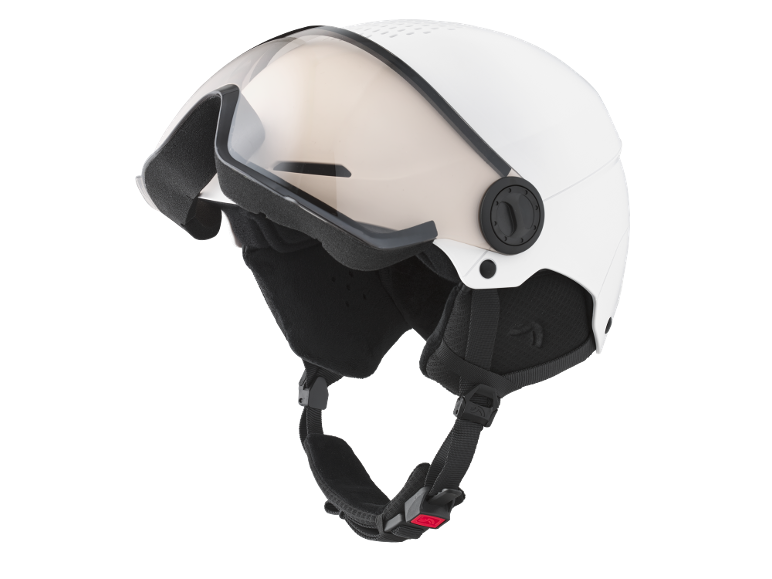 Casque de ski blanc avec visière intégrée et sangle ajustable.