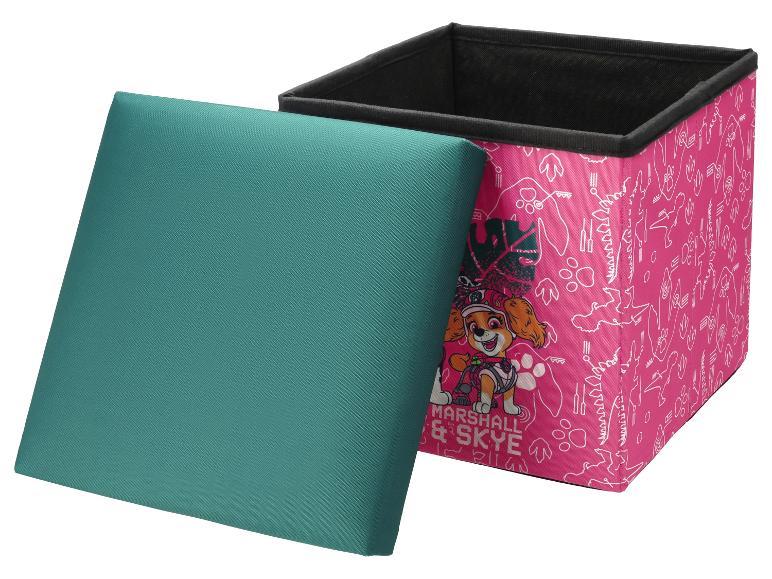 Boîte de rangement rose avec un chiot et un couvercle rembourré vert