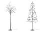 Deux arbres décoratifs à LED, l'un avec un design épuré et ramifié, l'autre conique.