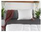 Oreiller blanc à bordures dorées sur un lit gris, avec des plantes et une couverture rouge.