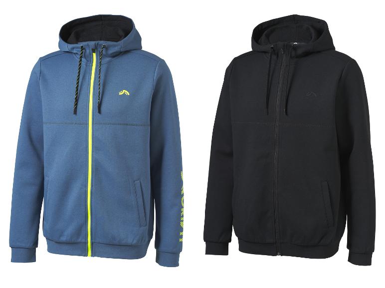 Deux vestes à capuche pour hommes, une bleue avec une fermeture éclair jaune, une noire.