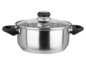 Une casserole en acier inoxydable avec un couvercle en verre et des poignées noires.