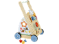 Chariot de marche en bois avec tableau d'activités, roues colorées et trieur de formes.