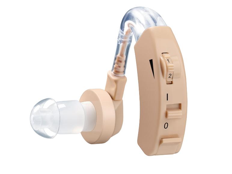 Appareil auditif beige avec embout transparent et commandes de volume
