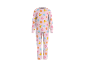 Pyjama deux pièces rose pour enfants avec des motifs de dessins animés colorés.