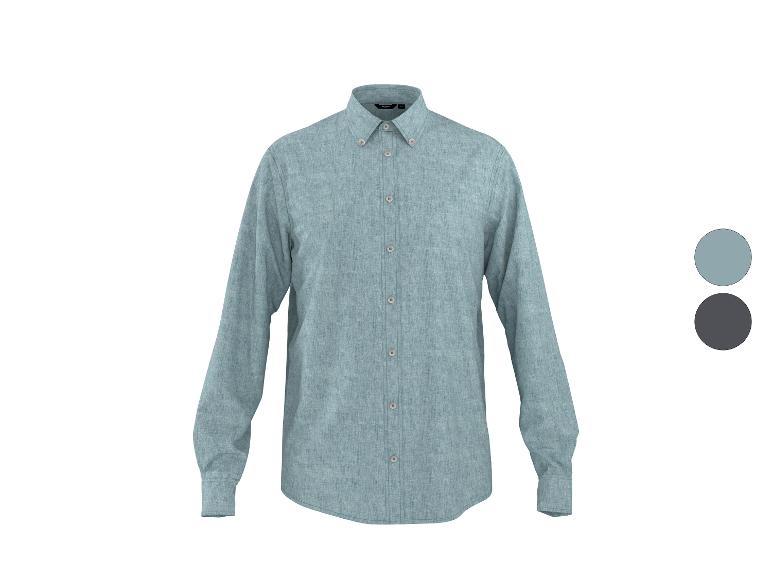 Chemise à manches longues bleu clair boutonnée, avec des échantillons de couleur bleu clair et gris foncé.
