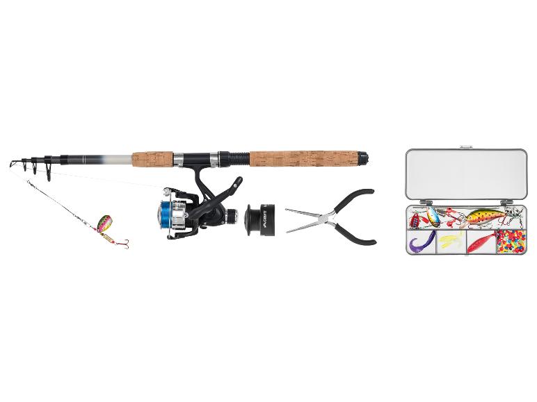 Kit de pêche avec canne, moulinet, pince et boîte de leurres.