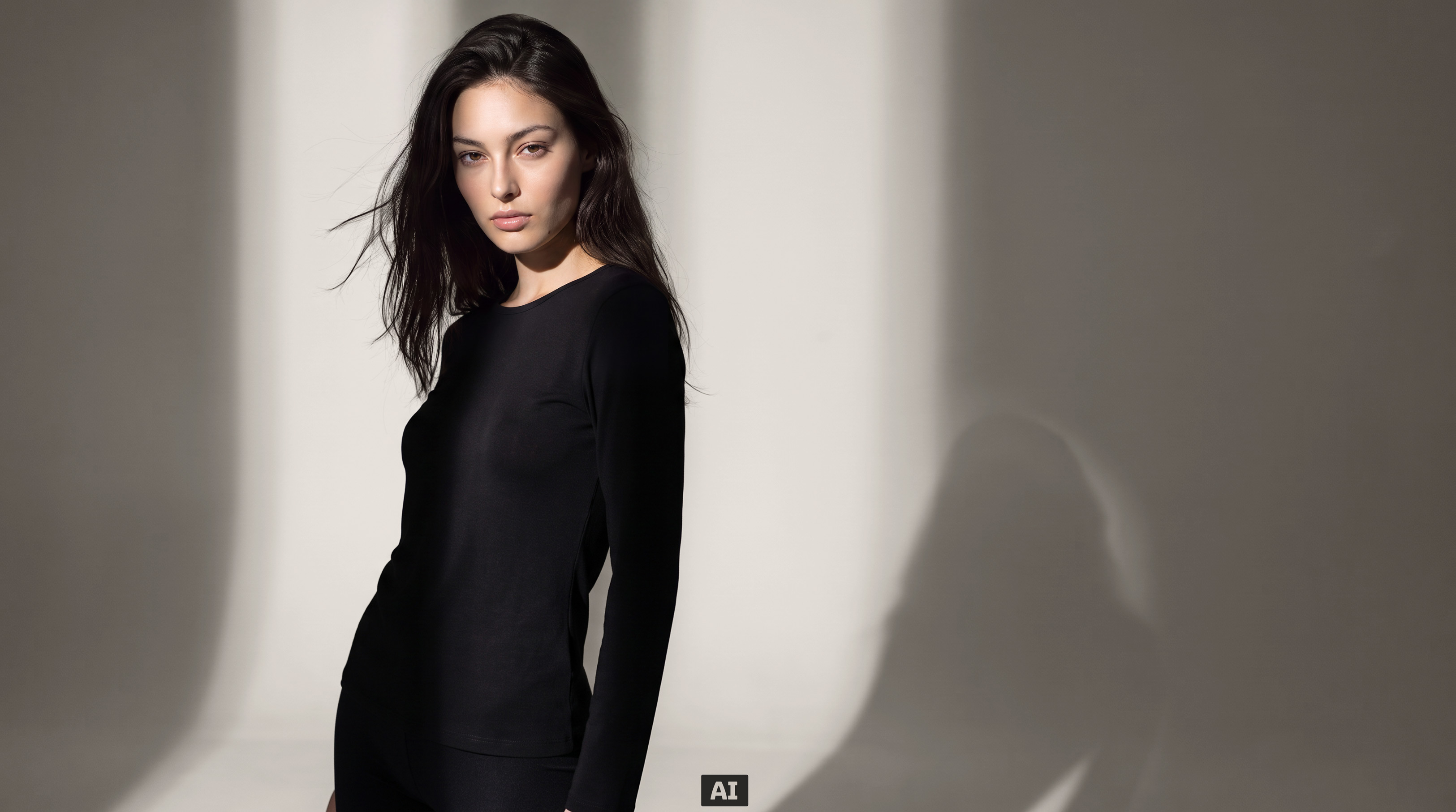 Cette image a été générée par IA : Un mannequin femme porte le maillot de corps thermique en couleur noire.