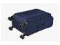 Valise de voyage bleu foncé avec quatre roues doubles, posée sur le côté.