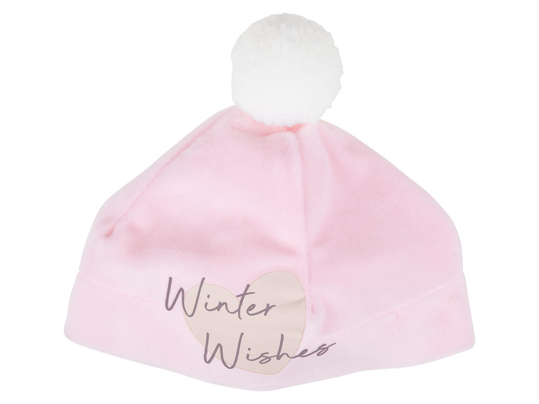Bonnet d'hiver rose avec pompon et l'inscription 'Winter Wishes'.