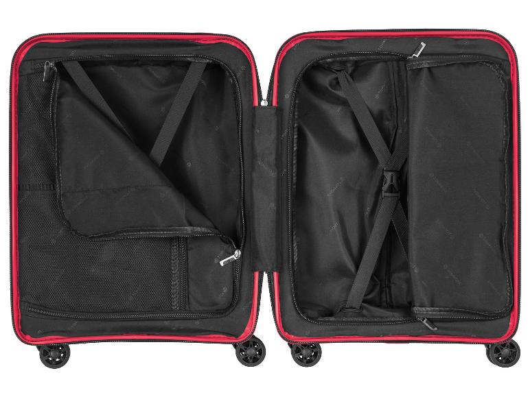 Une valise rouge ouverte avec des roulettes et des sangles noires.