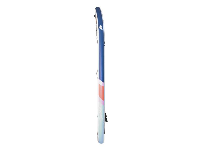 Paddle board gonflable : vue de côté d'un modèle bleu et blanc.