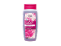 Bouteille de gel douche violette avec des fleurs roses et du texte.