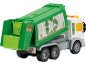 Camion poubelle jouet vert et blanc avec symboles de recyclage et une petite poubelle.