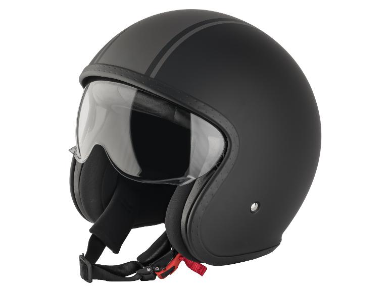 Casque de moto jet noir avec visière transparente et rayures grises