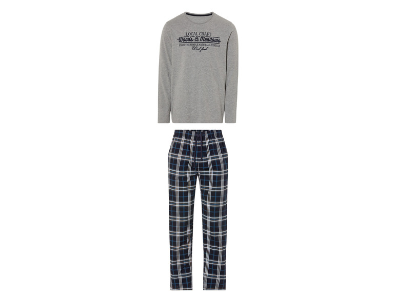 Un haut gris à manches longues et un pantalon de pyjama à carreaux bleus.