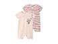Ensemble bébé : barboteuse rose avec koala et grenouillère rayée rose et bordeaux.