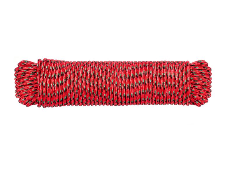 Une bobine de corde rouge avec des rayures vertes et noires.