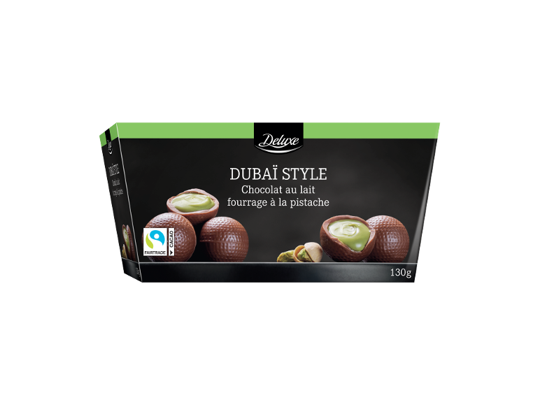 Pralines de chocolat au lait fourrées à la pistache, 130g.