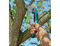 Une main utilisant une scie à élaguer pour couper une branche d'arbre.