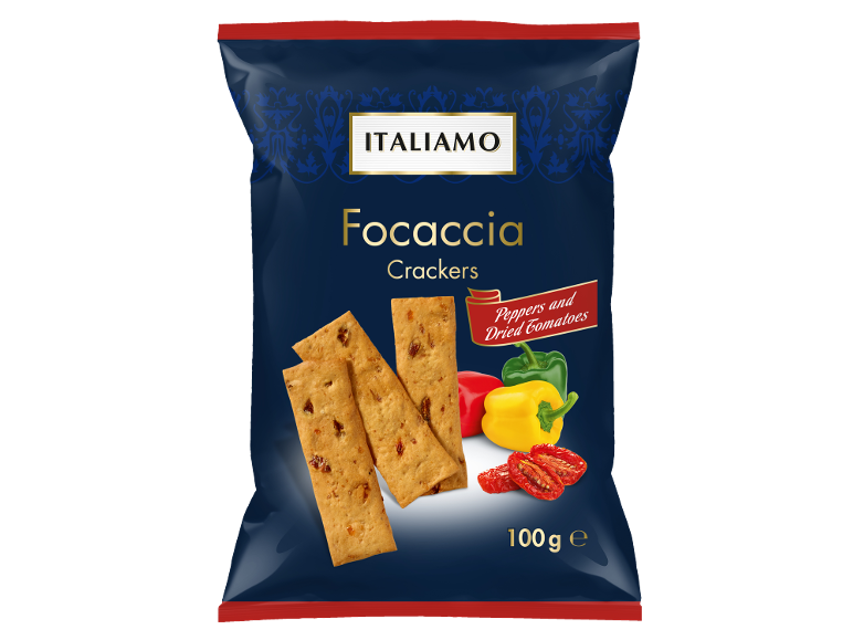 Paquet de crackers focaccia aux poivrons et tomates séchées, 100 g.